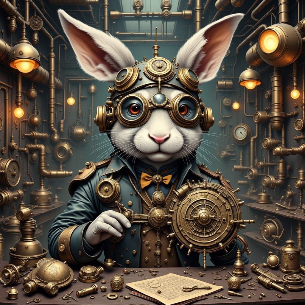 Steampunk Rabbit Engineer Tinks with Clockwork Device