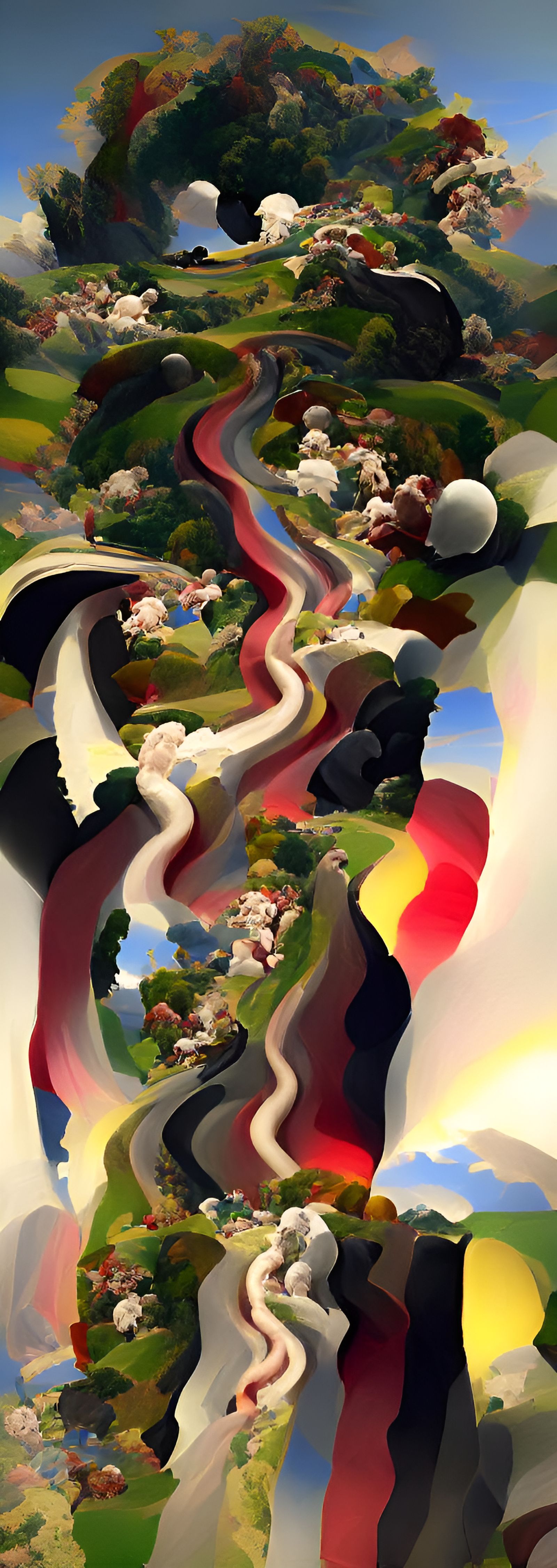 Surreal Winding Road Through a Kaleidoscopic Landscape