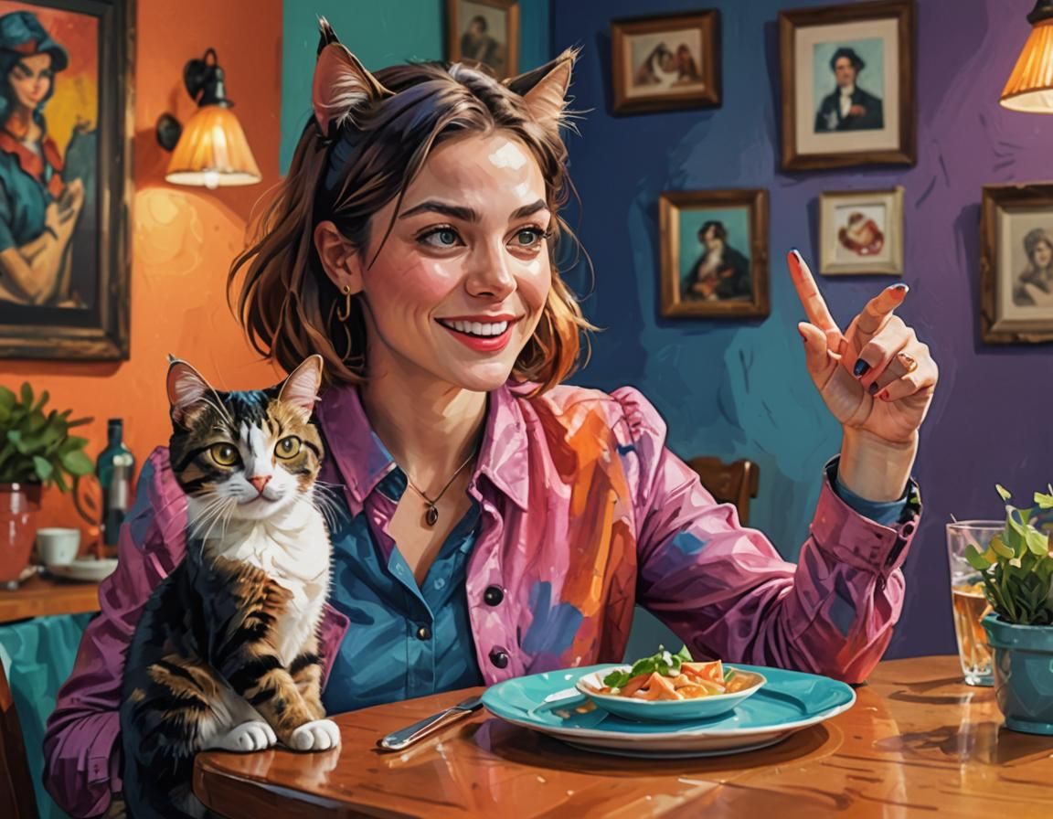 Woman Pointing at Cat Meme in Cartoon Style