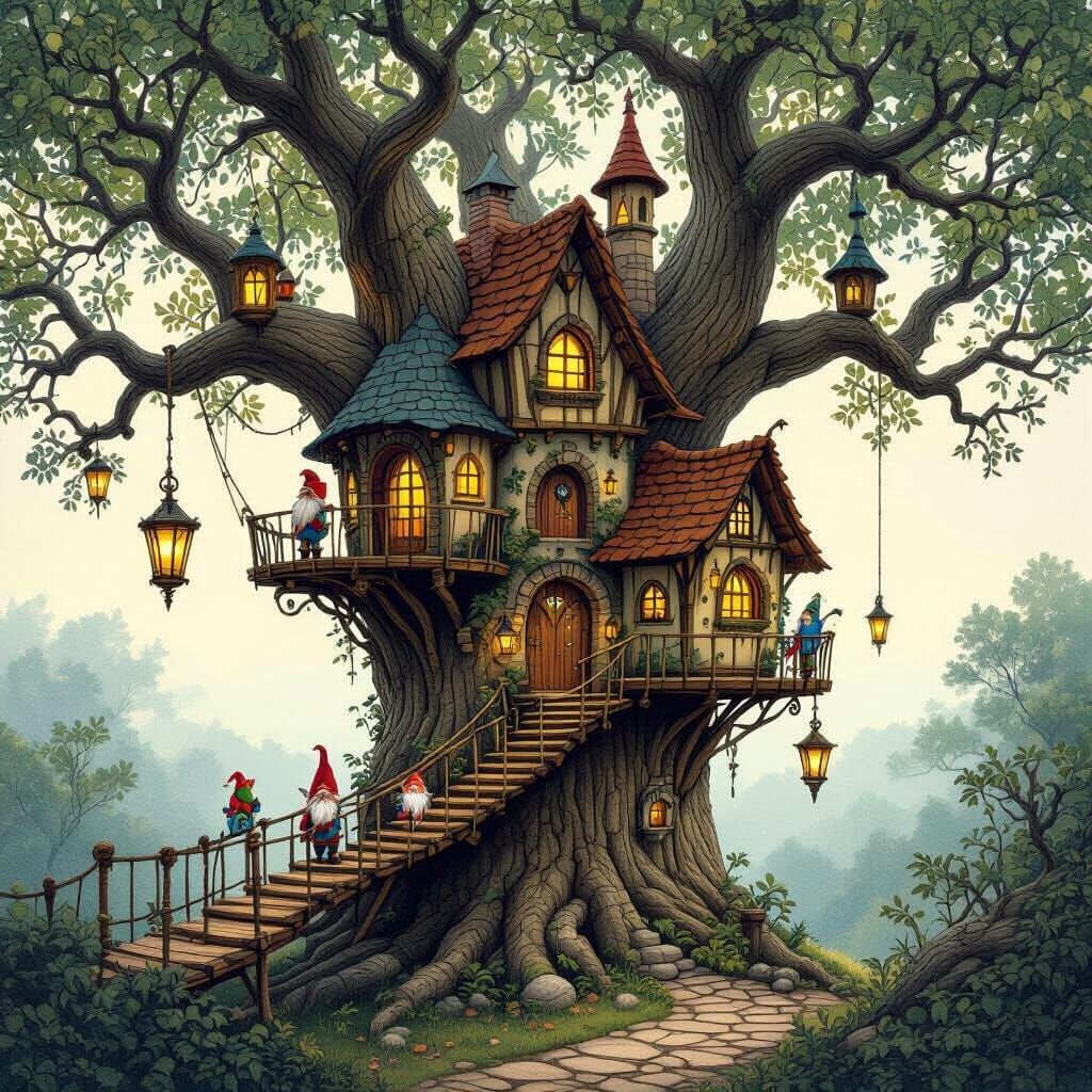 Enchanted Treehouse Village: A Victorian Fantasy Art