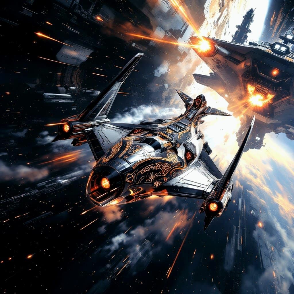 Sleek Mesopotamian Starfighter Soars in Epic Space Opera Sce...