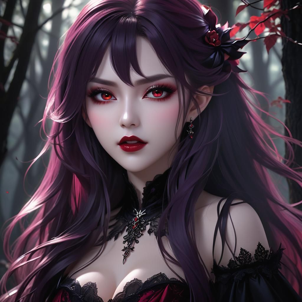Elegant Vampire Woman in Dark Forest, Anime Style