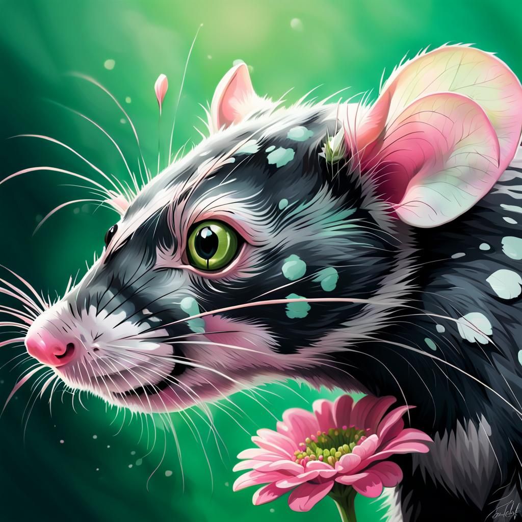 Detailed Portrait of Spotted Rat Smelling Flower