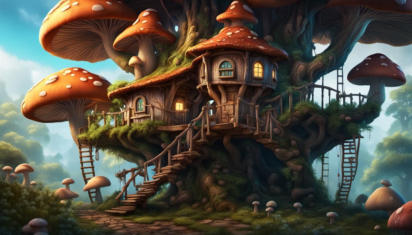 Mushroom Treehouse: Detailed Matte Painting in Fantasy Art S...