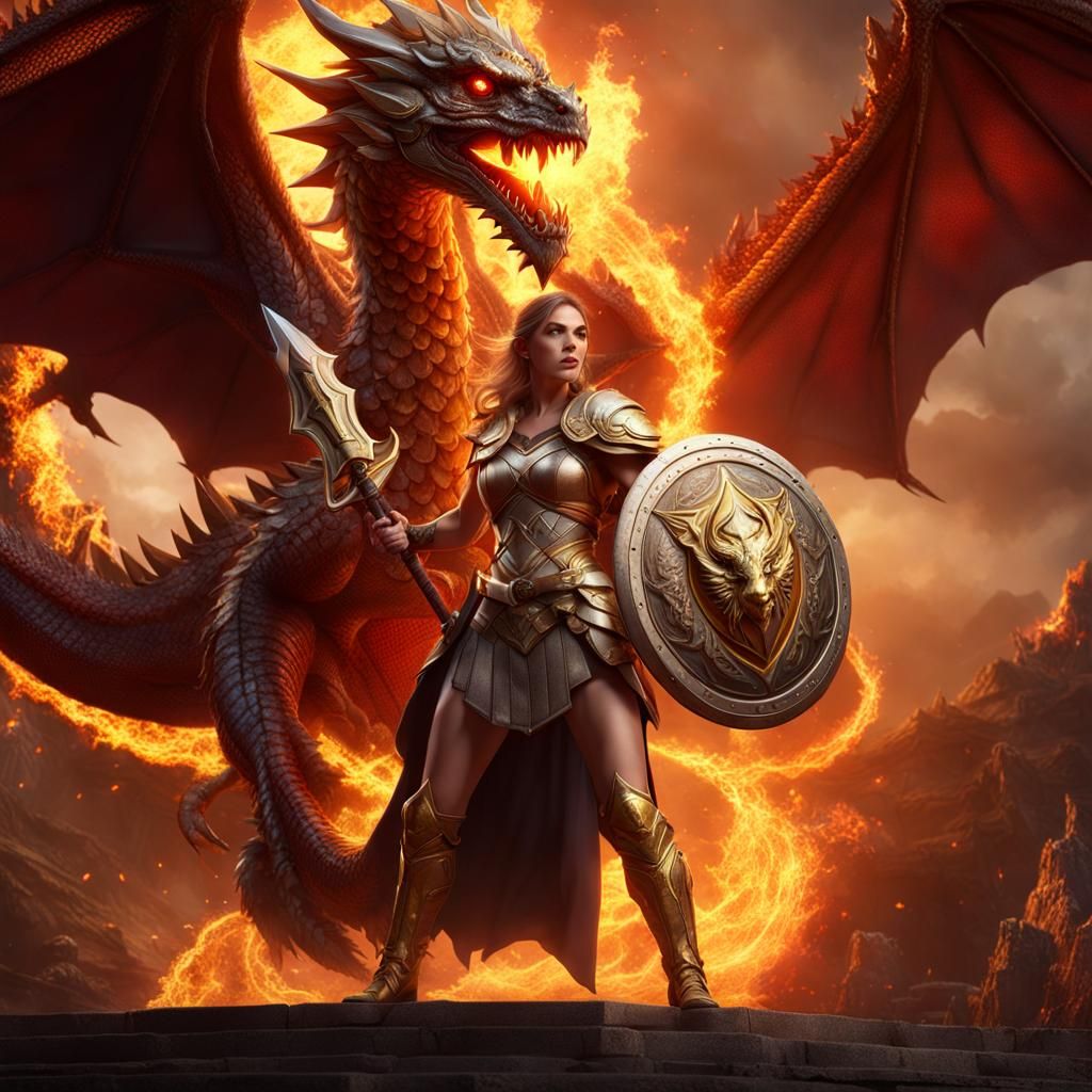 Athena wielding the magical shield of Aegis fighting a flaming dragon