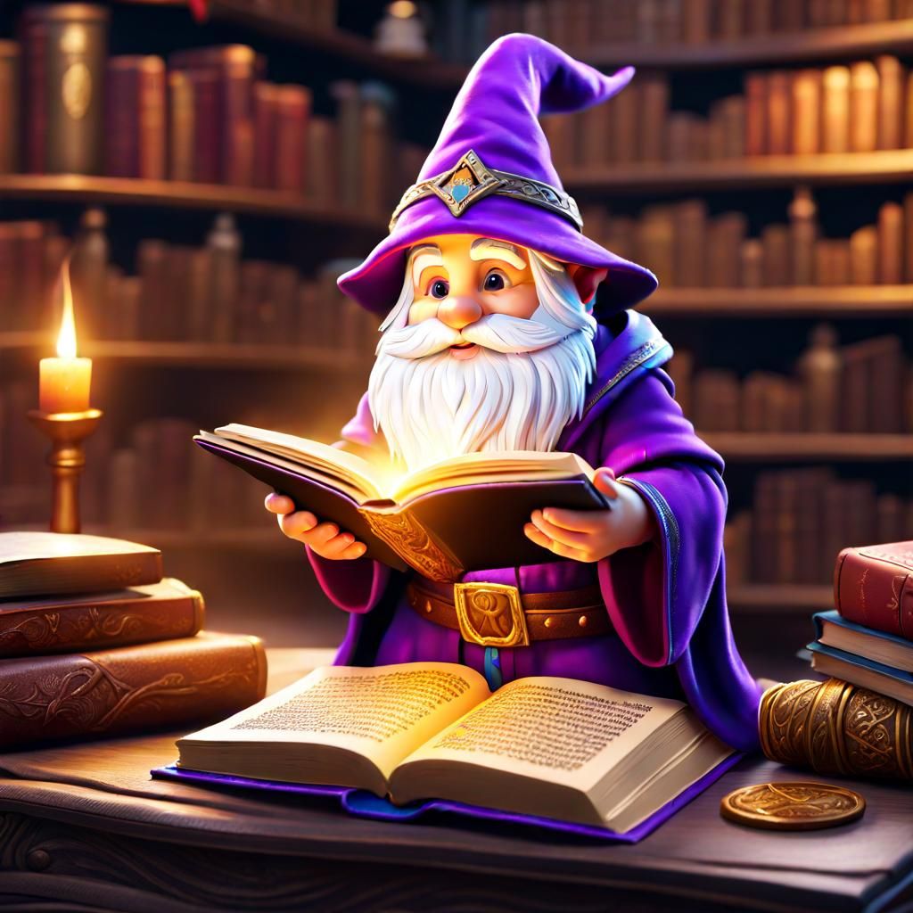 Gnome Wizard Reading Book in Magic Library