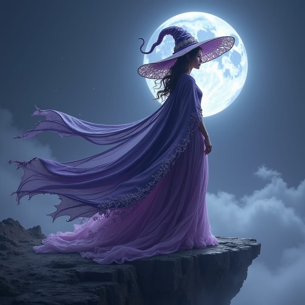 Majestic Moon Witch in a Surreal Moonscape