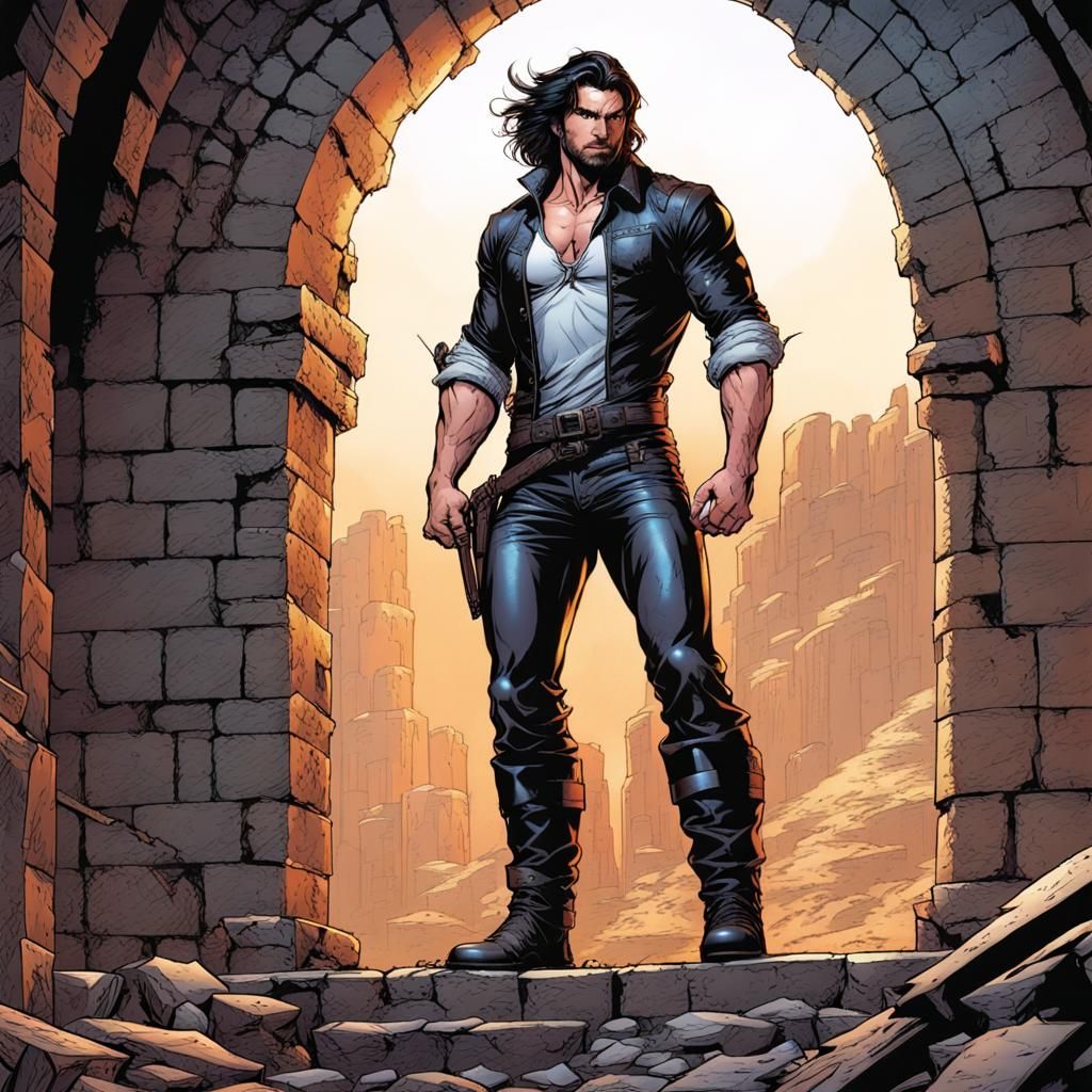 Medieval Outlaw in Ruined Fortress as Comic Book Art