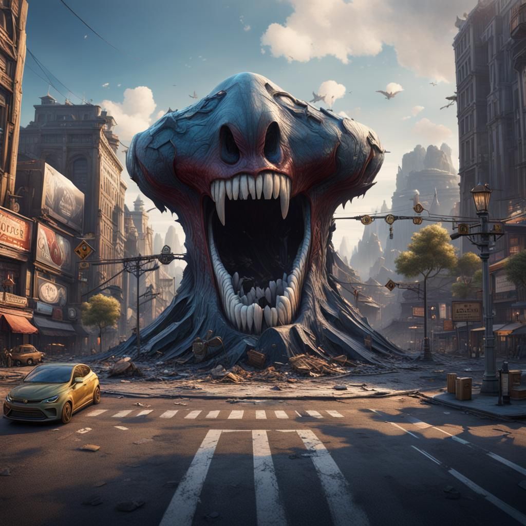 Giant Tooth in City Intersection: Matte Painting