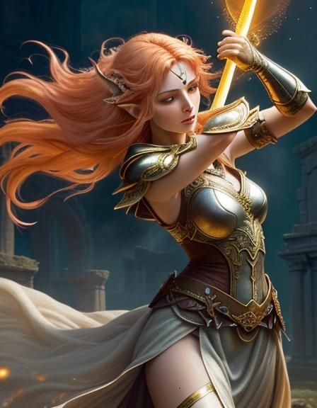 Elf Warrior on Ancient Ruins in Pre-Raphaelite Style