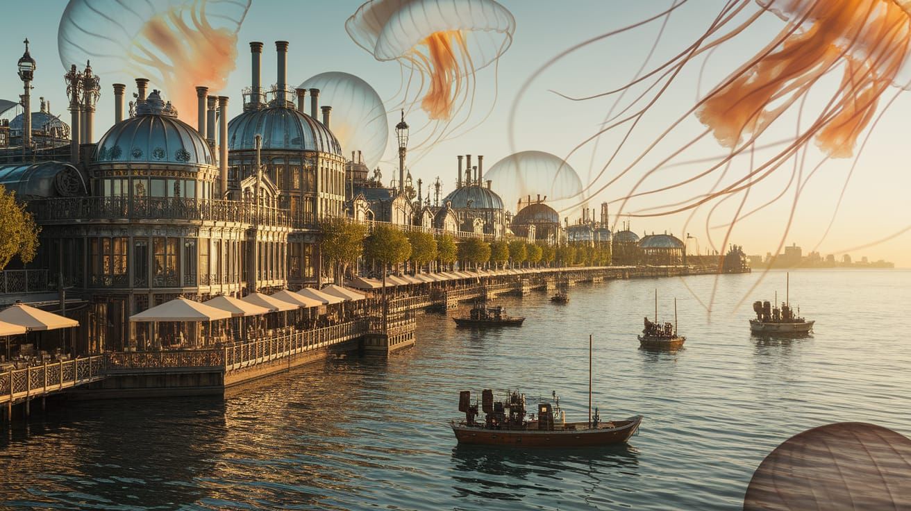Steampunk coastline with jellyfish