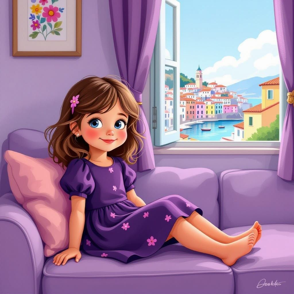 Smiling Italian Girl Relaxing on a Lavender Couch