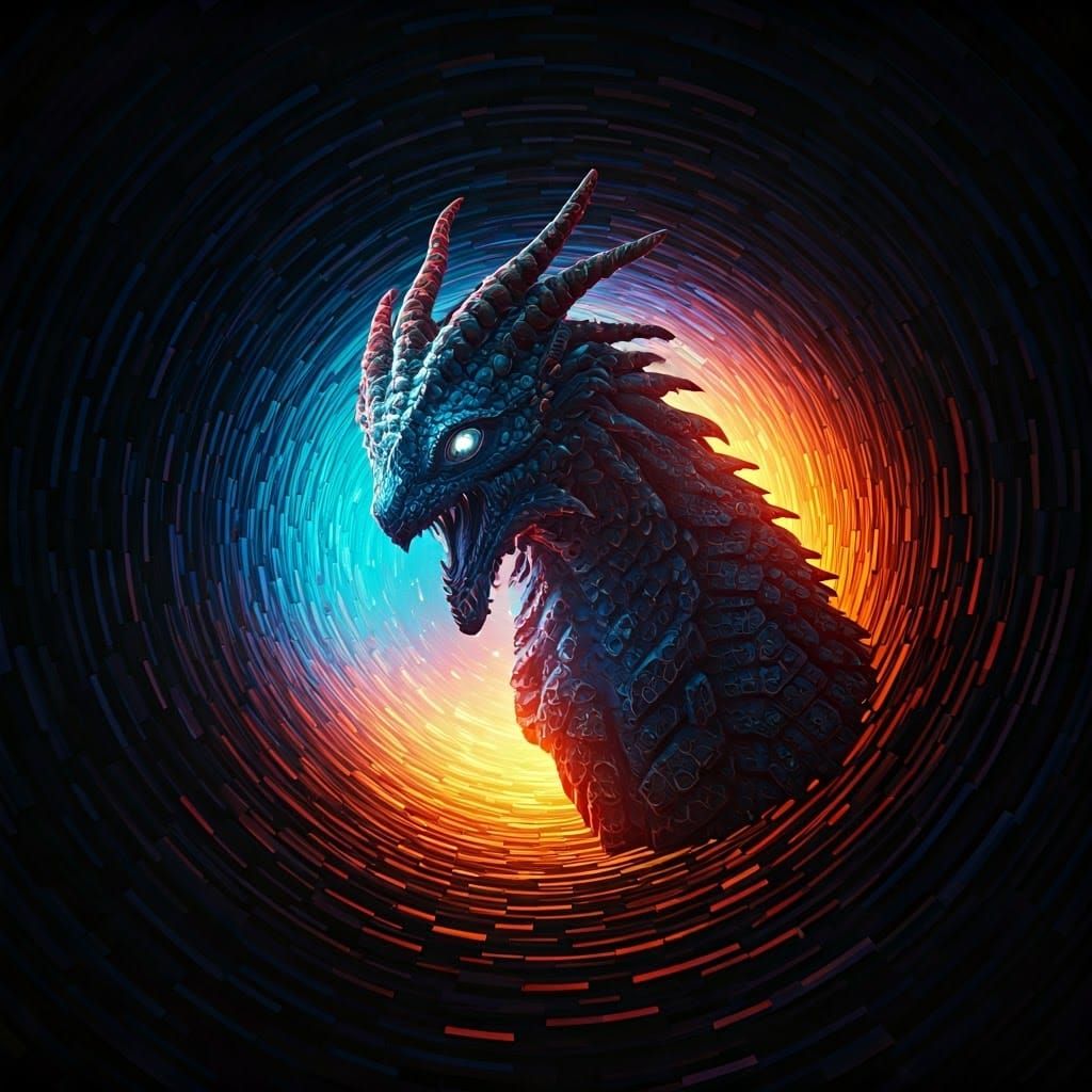 Fantastical Creature in Pixelated Vortex, Kinetic Art