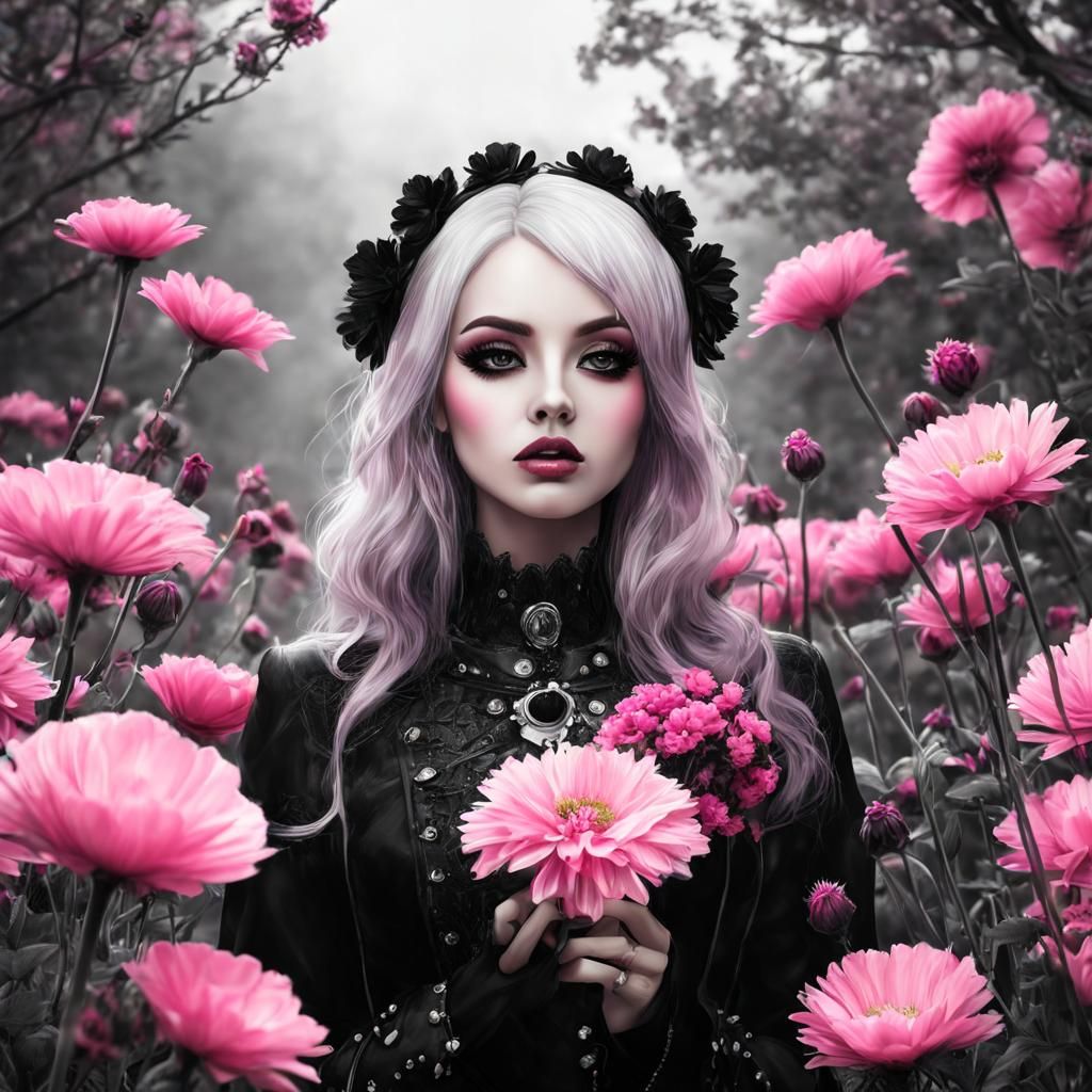 Pastel Goth Woman Picking Pink Flower