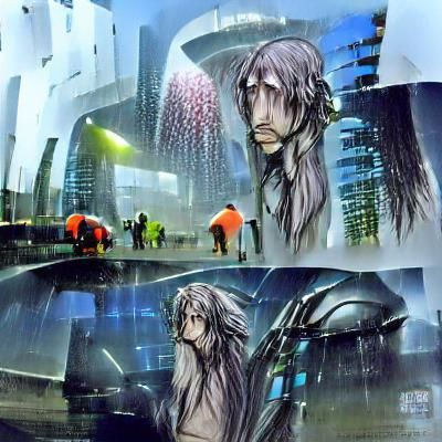 Melancholy Man in Rainy Futuristic Anime City
