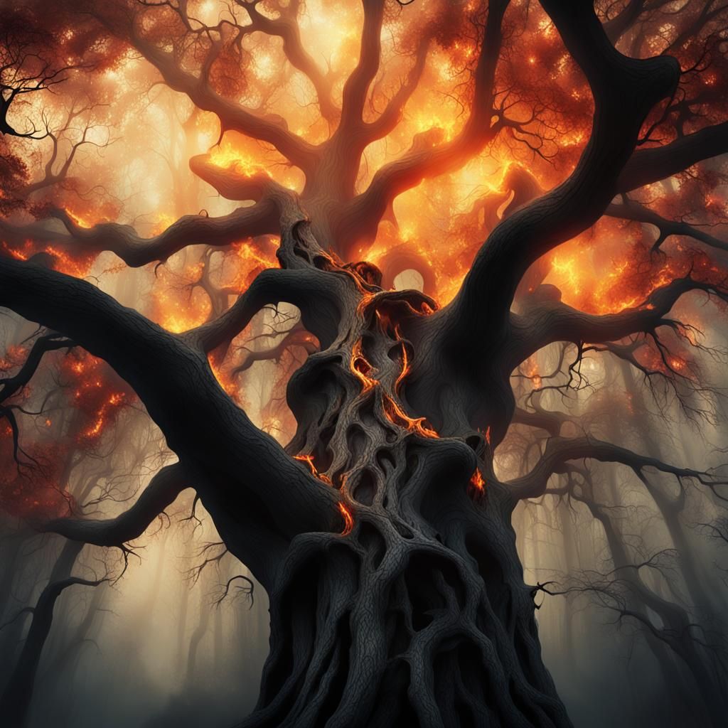Burning Tree in Mystical Forest: Surreal Digital Art