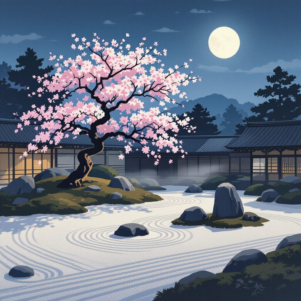 Zen Garden Twilight Serenity in Ukiyo-e Style