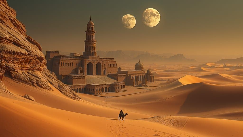 Ancient Desert City Buried by Sand Dunes Under Twin Moons