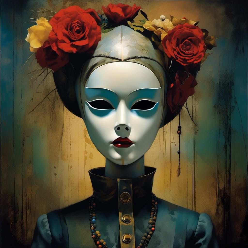 Dystopian Doll Mask in Necropunk Oil Painting Style