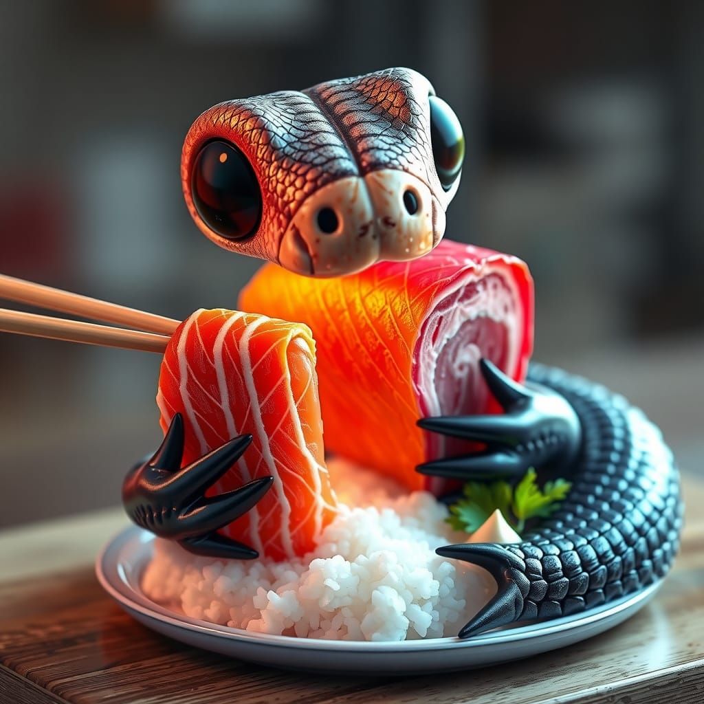 Whimsical Black-Eyed Snake Savoring Sashimi in 3D Anime Art