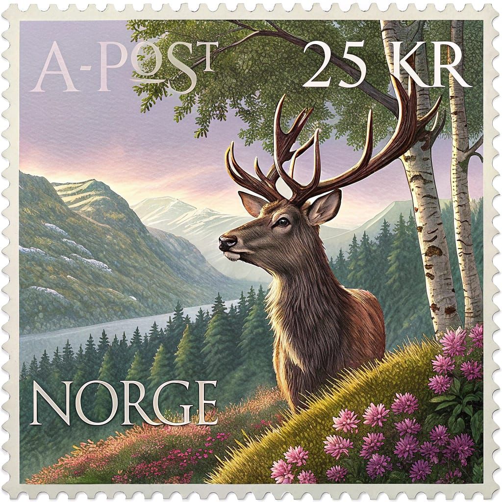 Stag Portrait on Norwegian Stamp, Hyperrealistic