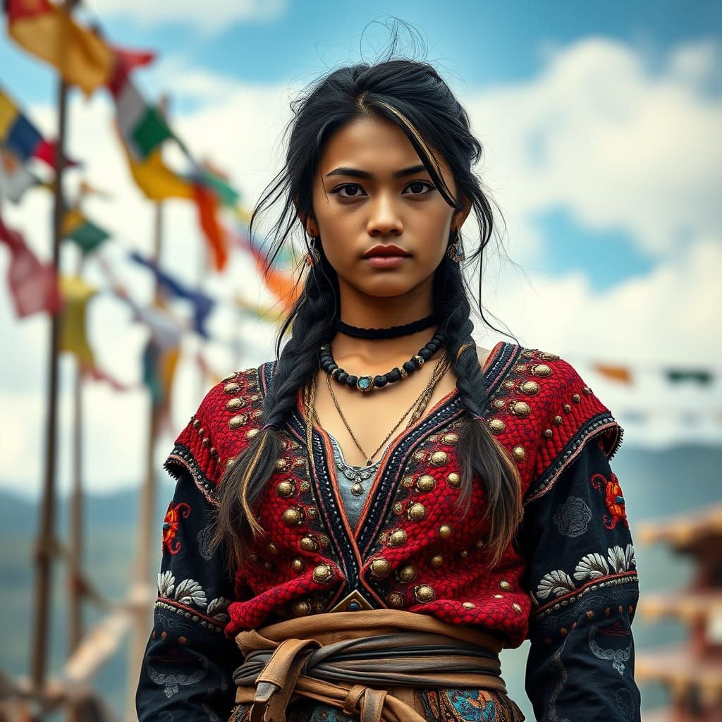 Bhutanese Woman in Tribal Outfit, Photorealistic Detail