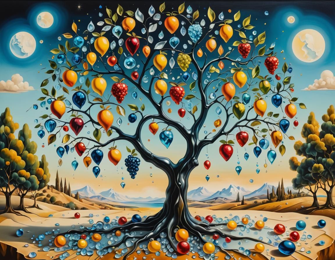 Surreal Tree with Glass Leaves and Diamond Fruit