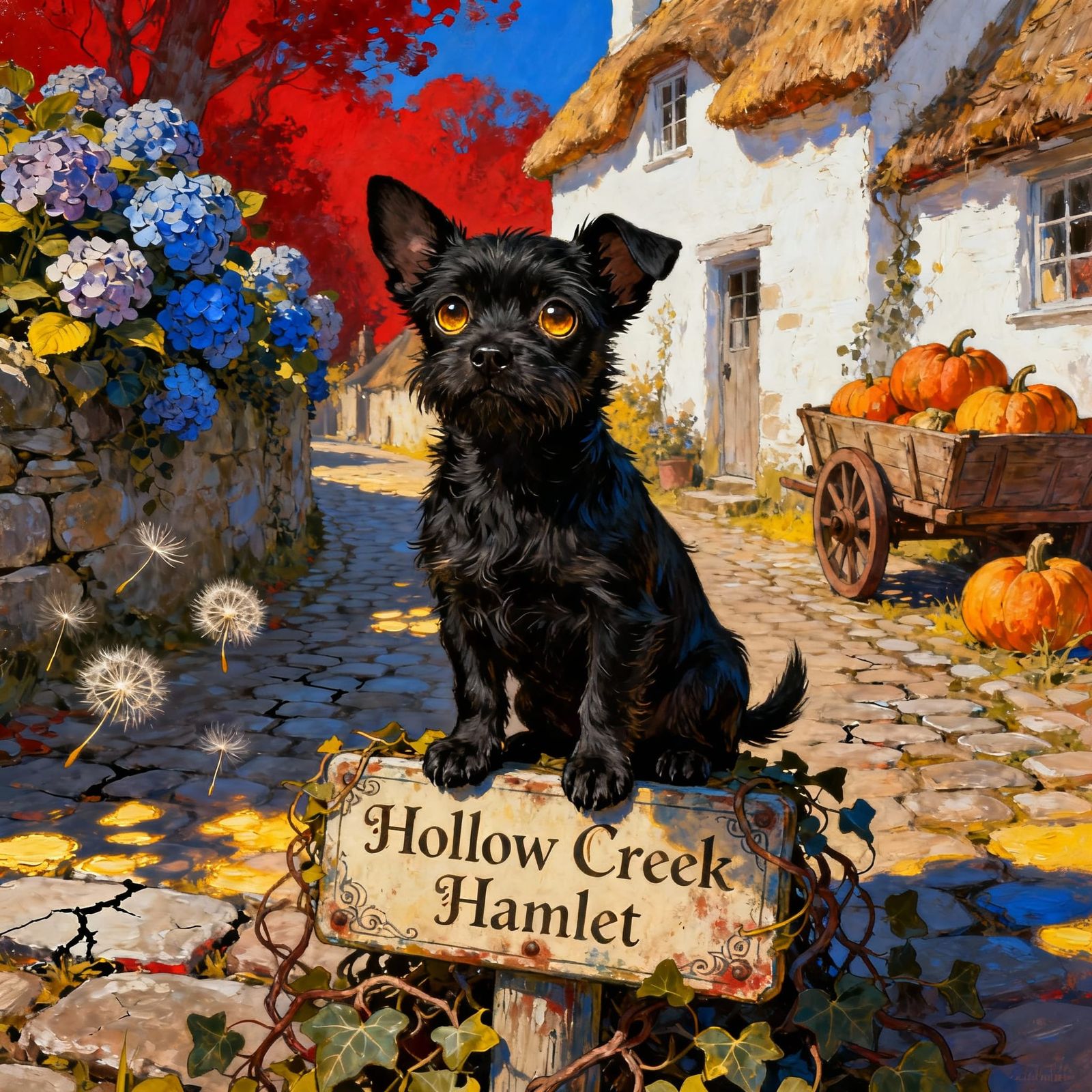 Black terrier, captured in vivid triadic colors with dramati...