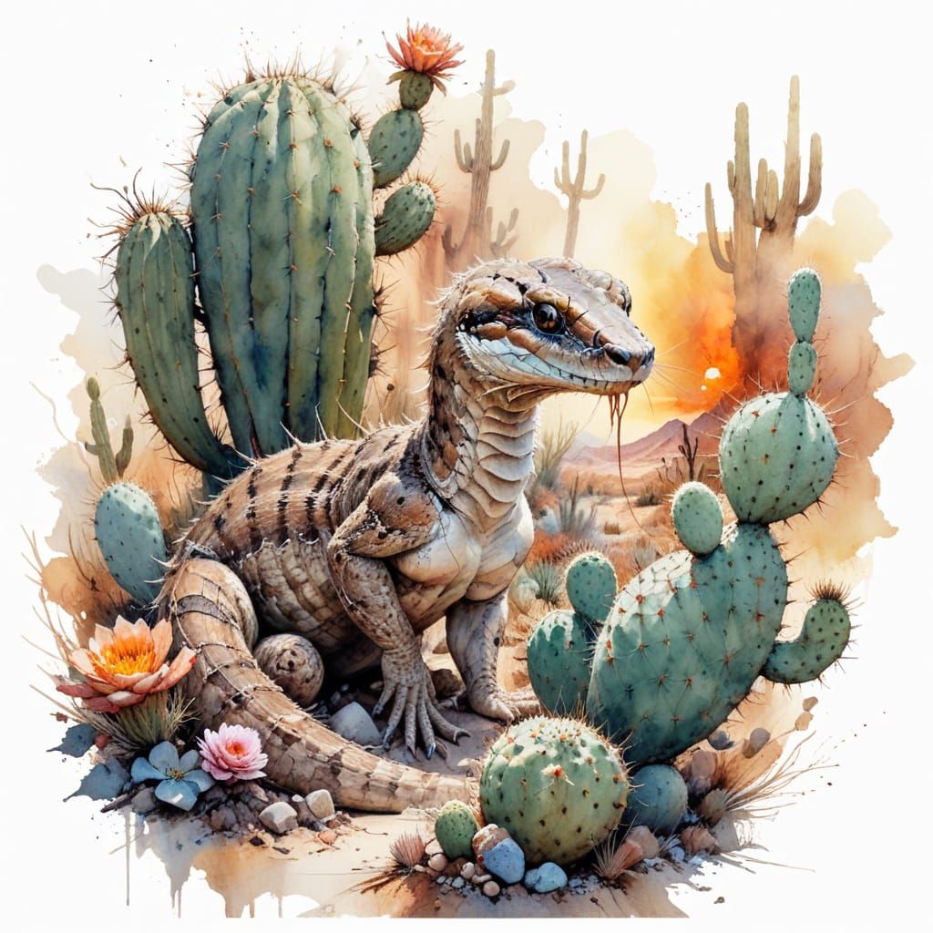 Rattlesnake Coiled in Desert Landscape, Watercolour Art