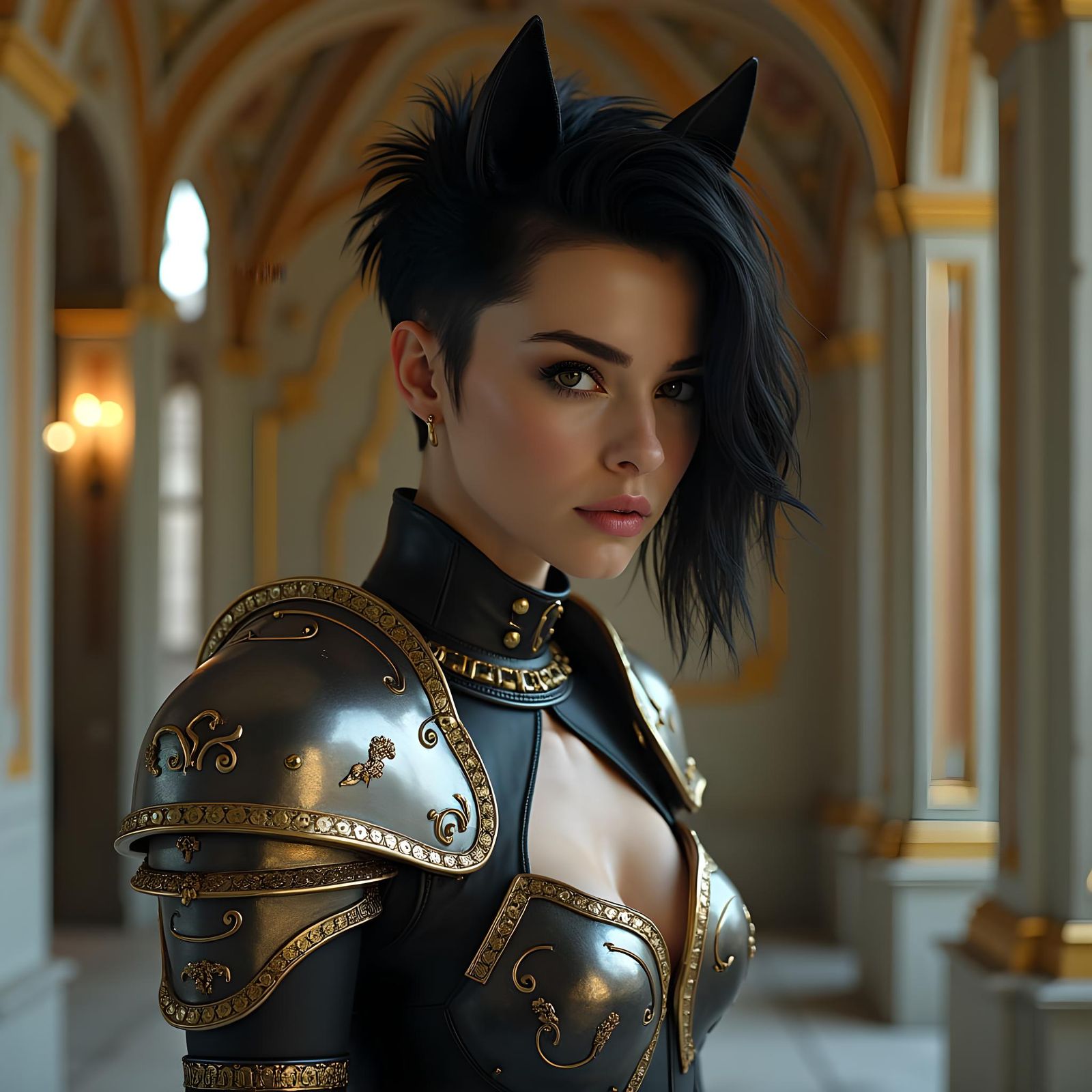 Female Warrior in Black and White Armor