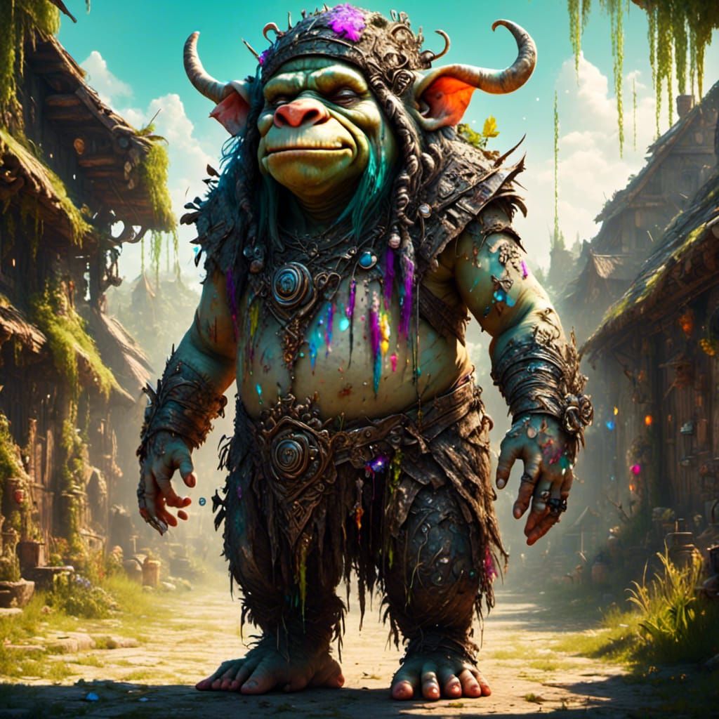 Ornate Troll in Cosmic Village with Glowing Runes