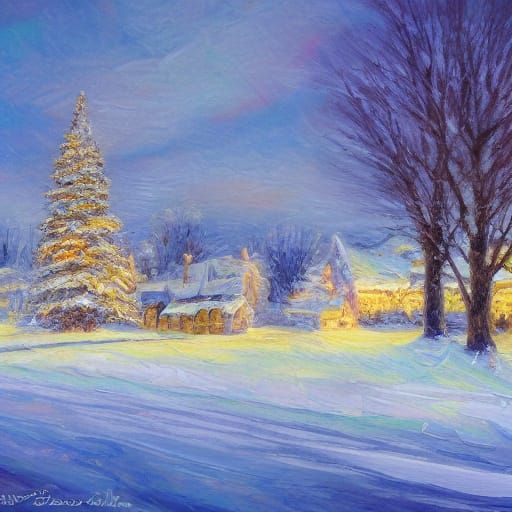 Impasto Oil Painting of a Cozy Snow-Covered Village