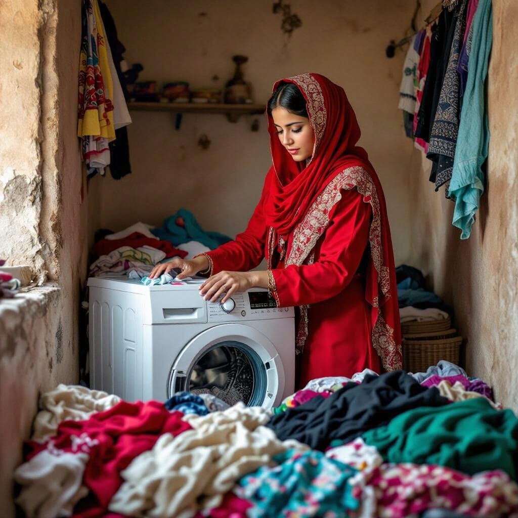 Moroccan Girl in Red Suit Uses Washing Machine