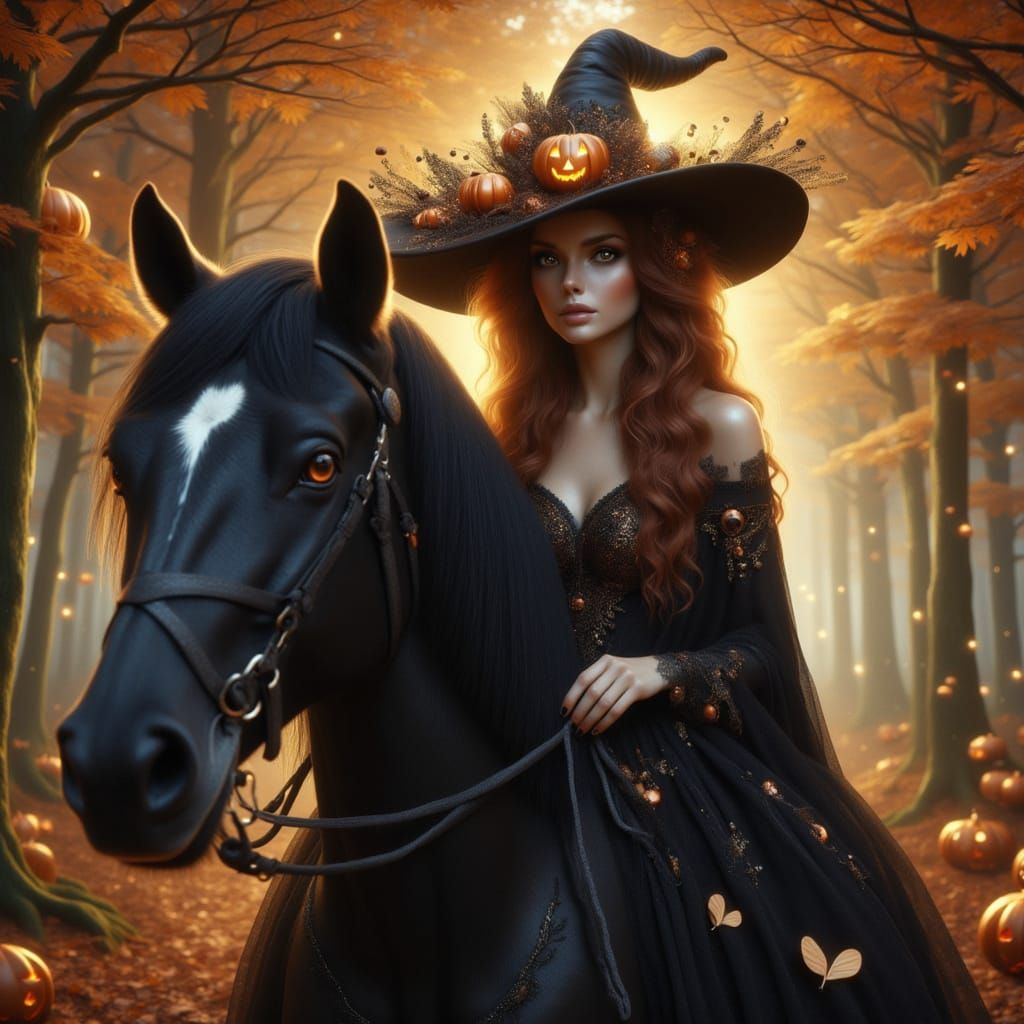 Witch on Black Stallion in Magical Autumn Forest