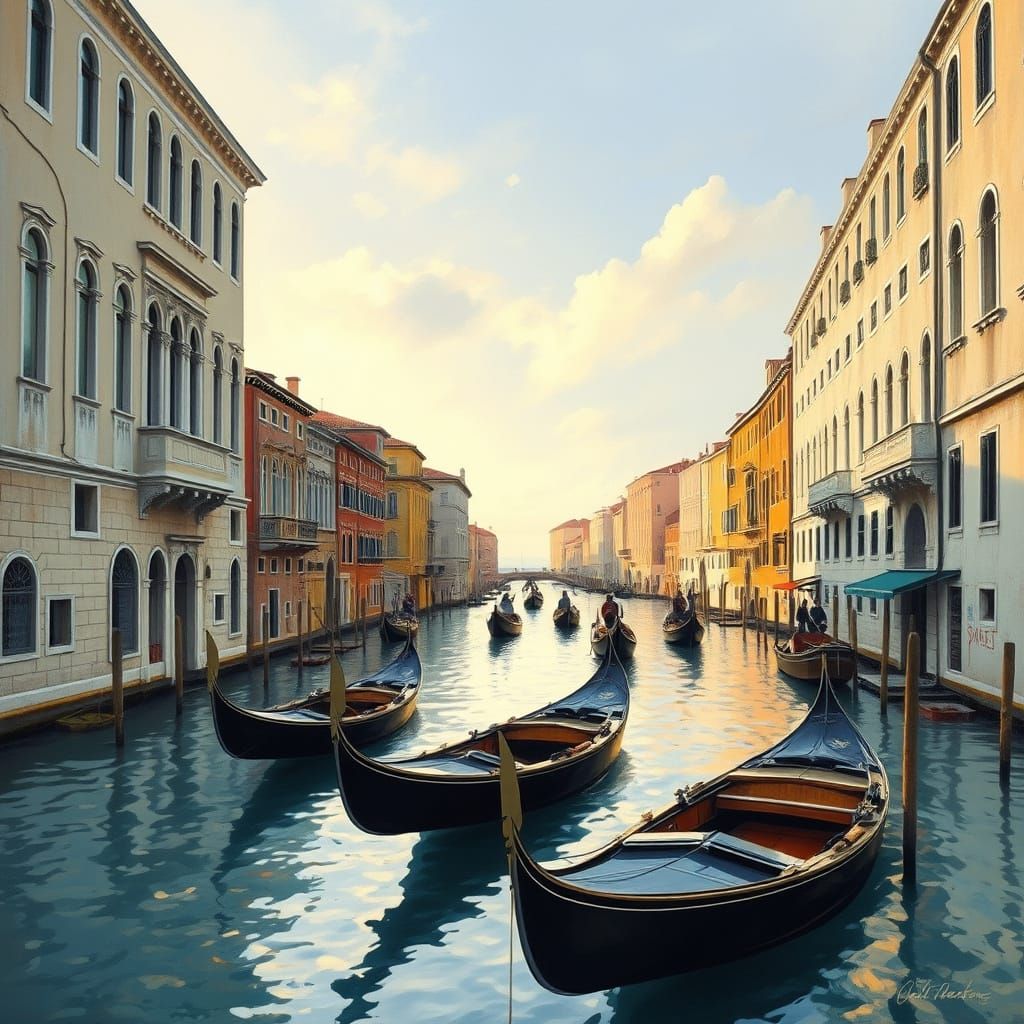 A serene Venetian canal scene, featuring traditional gondola...