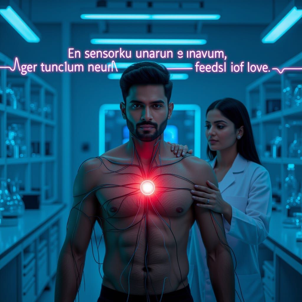 Cyberpunk South Asian Man with Glowing Chest Sensor