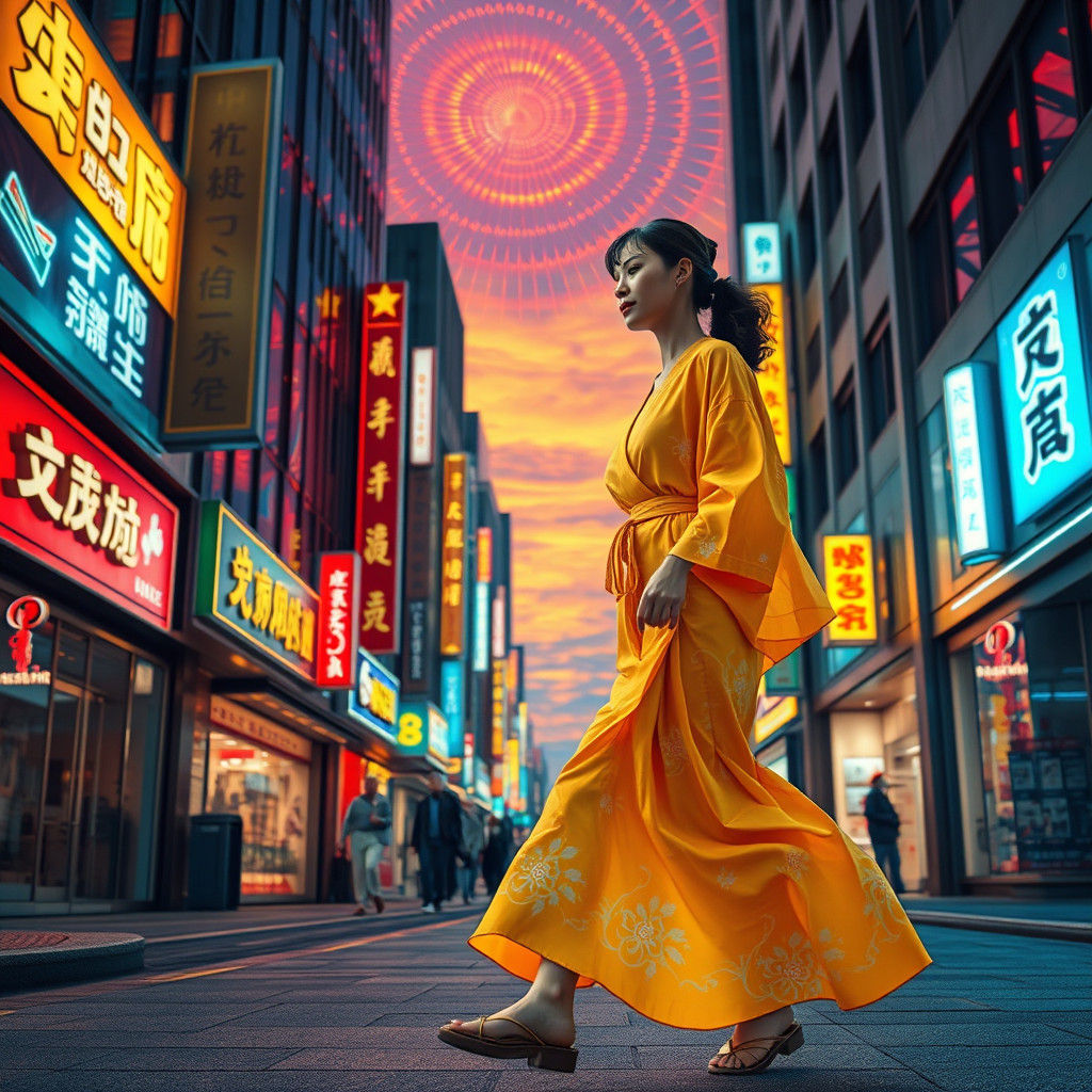Serene Woman Strolls Cityscape at Dusk in Pop Art Style