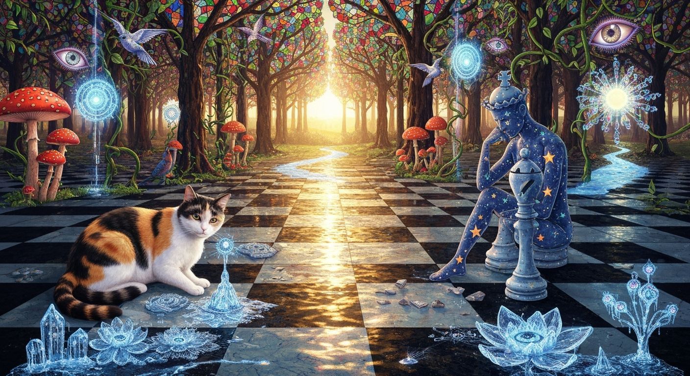 Surreal Chess Scene with Cat and Astral Forest