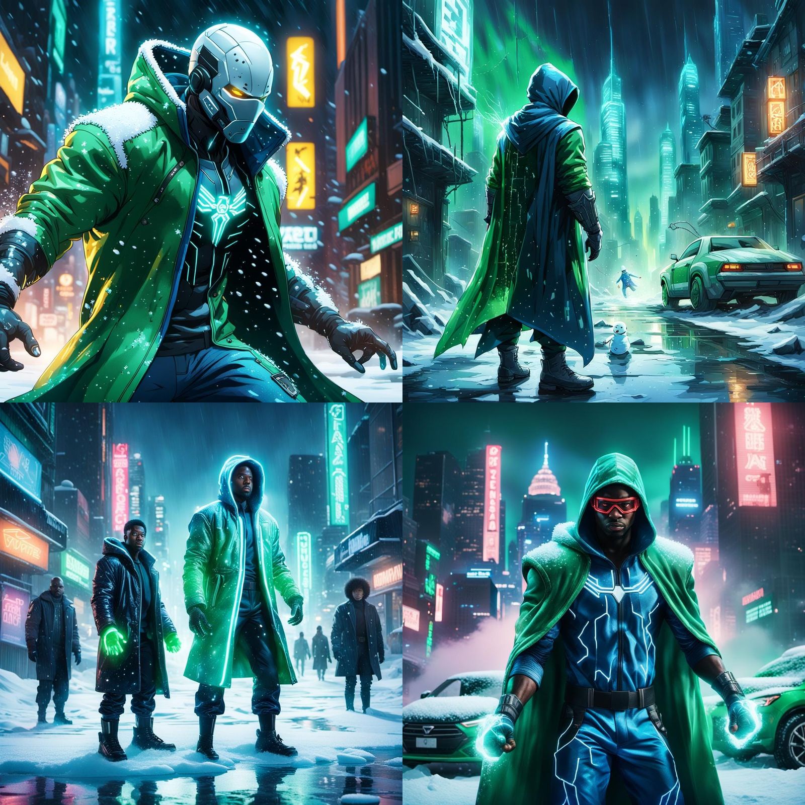 Snowman Superhero Battles Villain in Cyberpunk Style