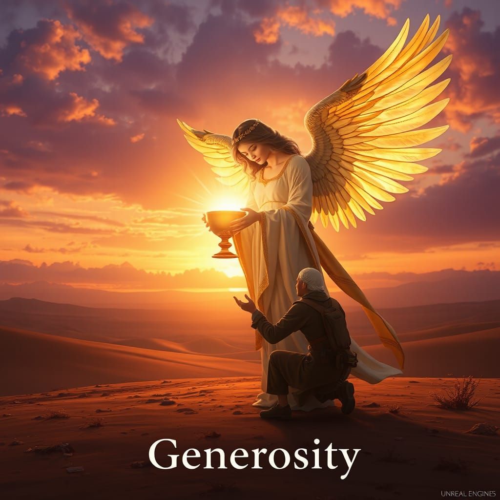 Angel helping weary traveler.