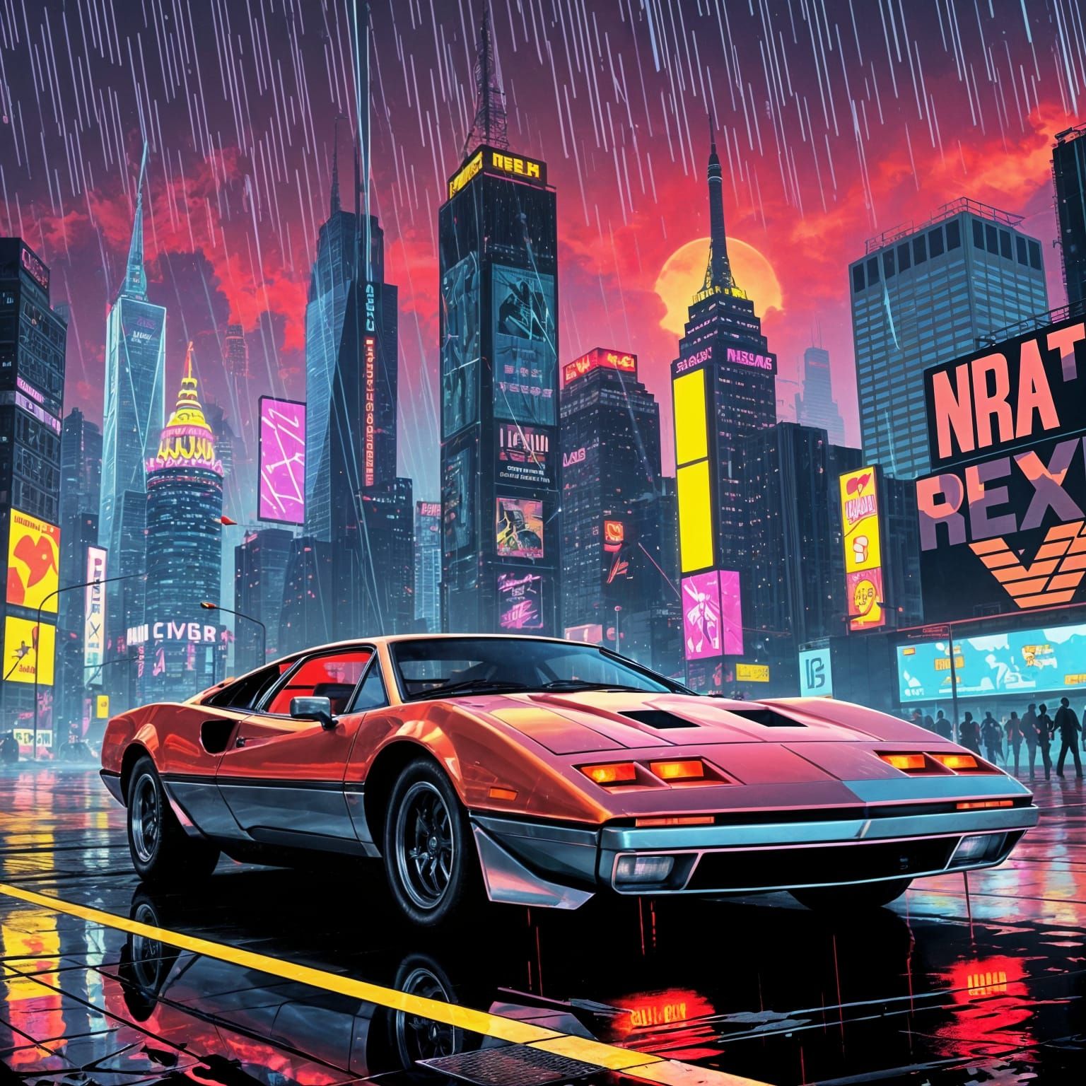 Retro Futuristic Supercar Dominates Cyberpunk Cityscape