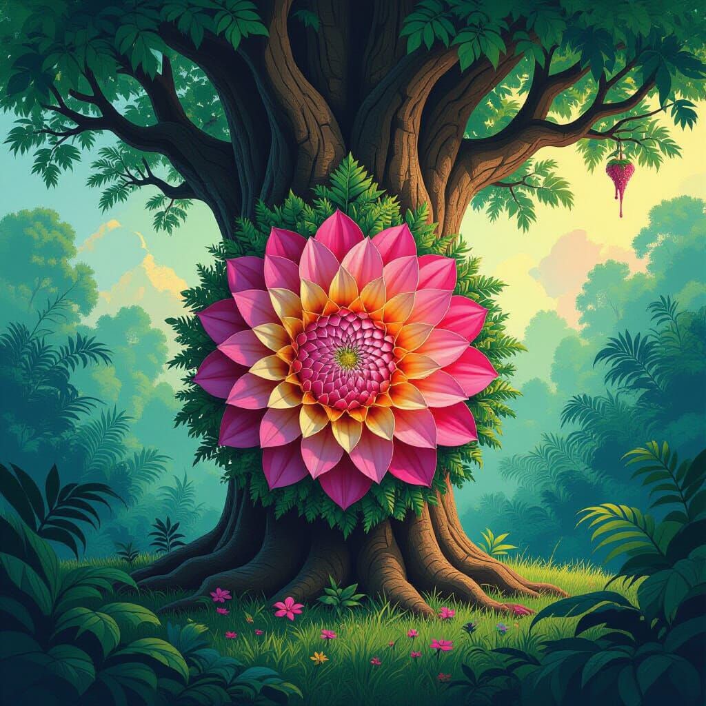 Fibonacci Flower in Lush Jungle, Polychromatic Art