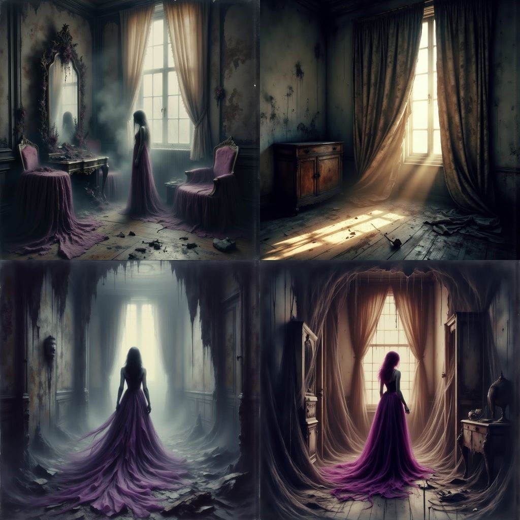 Forgotten Room with Veiled Figure in Amber Light