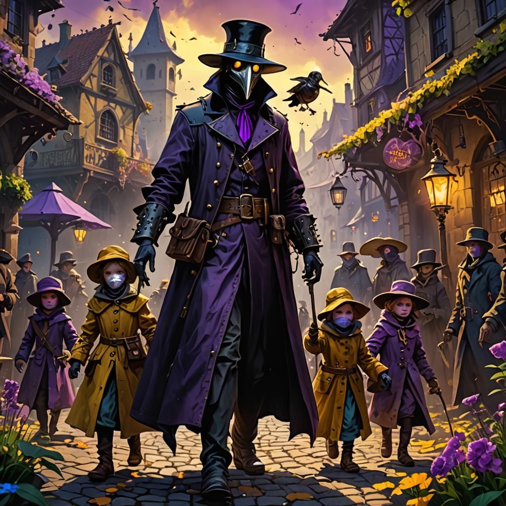 Plague Doctor and Children: Dark Fantasy Art