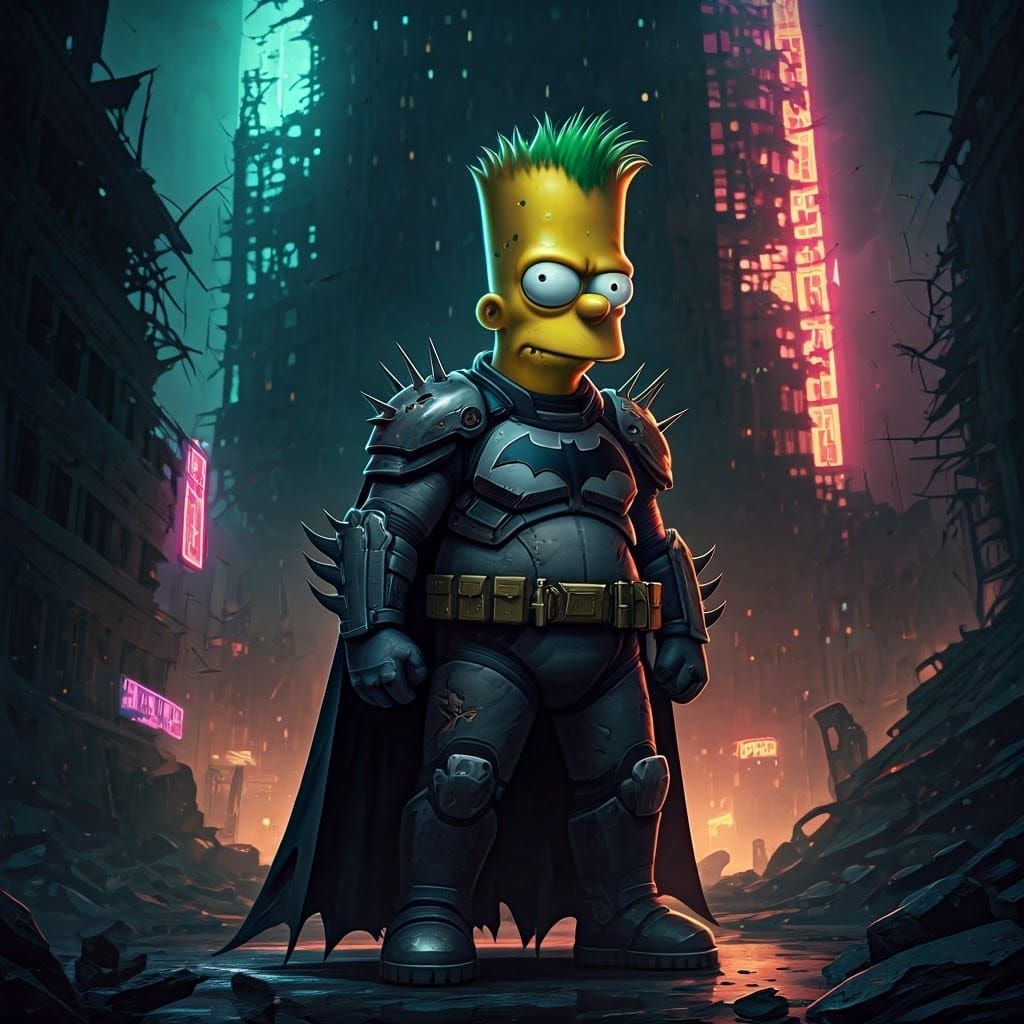 Cyberpunk Bart Simpson in Tattered Batman Suit, Amidst Dysto...