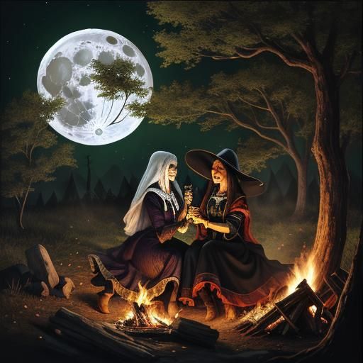 Two enchanting witches dance around a fire in the forest, under the large full moon, chanting incantations and weaving ...