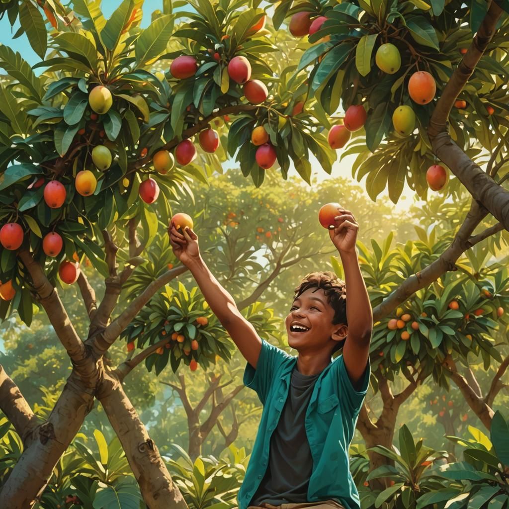 Joyful Boy in Orchard: Vibrant Pop Art Screen Print