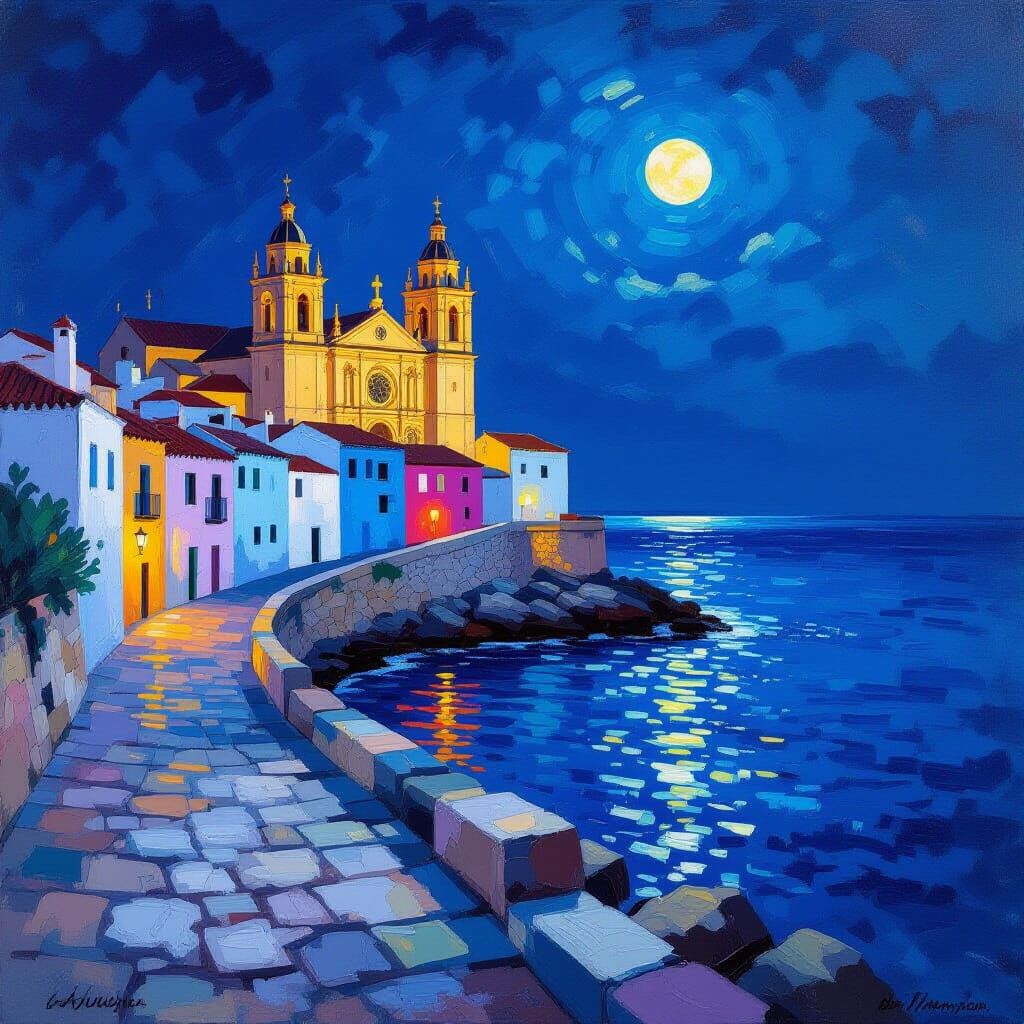 Moonlit Cathedral in Cádiz, Impressionist Style