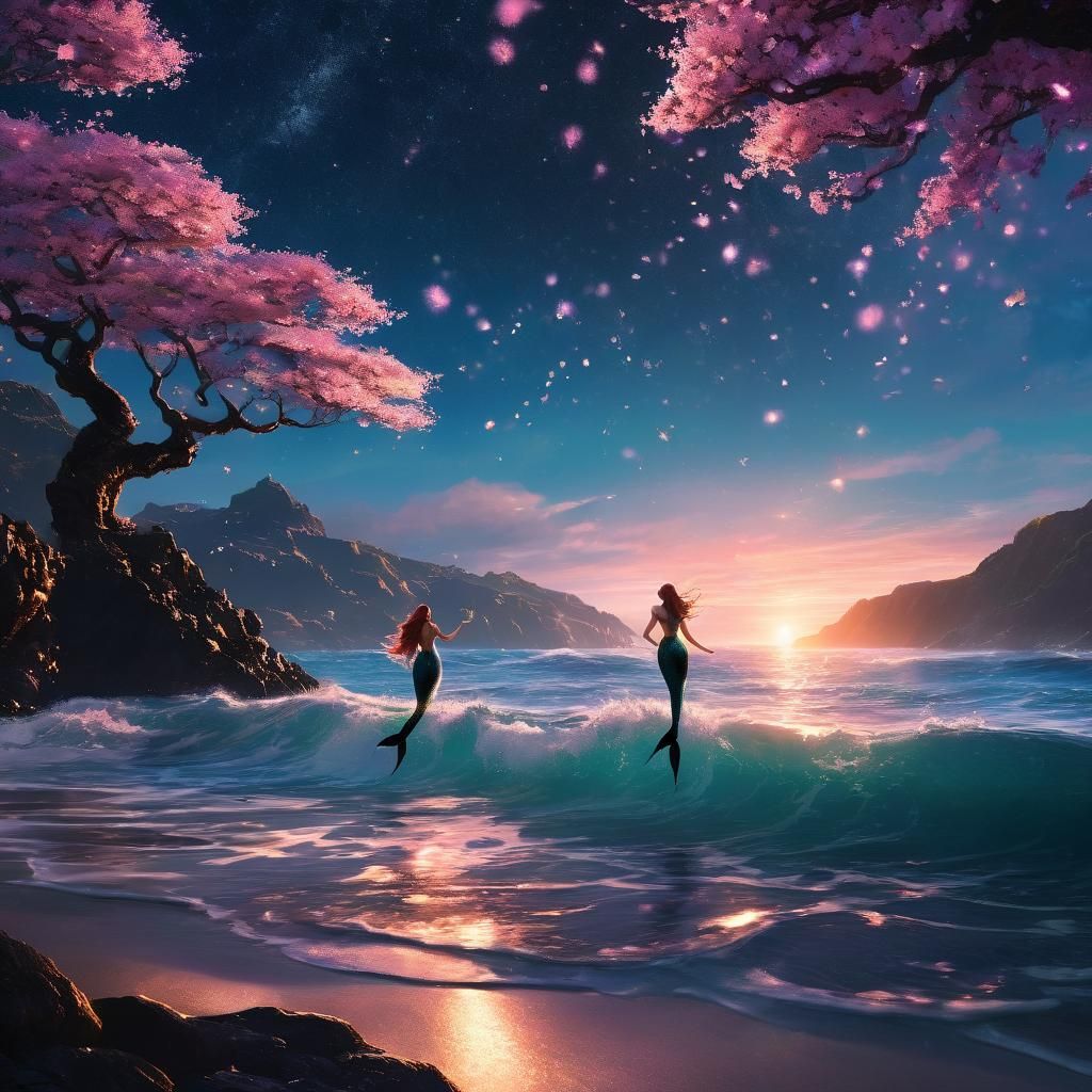 Mermaids Dancing in Sparkling Beach Water: Fantasy Digital A...