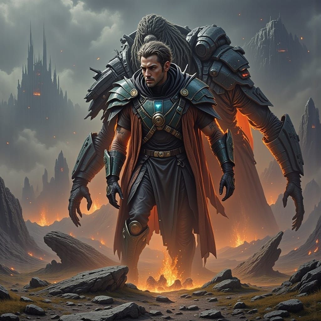 Sci-Fi Soldier Enters Fiery Alien Landscape